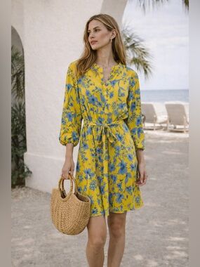 Cabi Lemon Drop Dress Yellow Blue Floral Tie Waist Above Knee XL